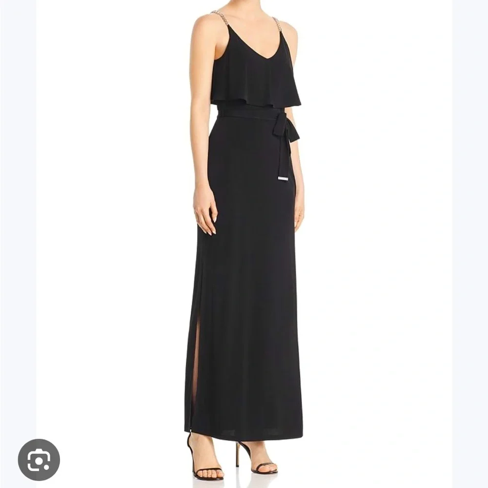 NWT Michael Kors Black Tiered Chain Strap Overlay Maxi Dress Size Small